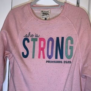 EUC Jadelynn Brooke pink embroidered sweatshirt she is strong proverbs 31:25